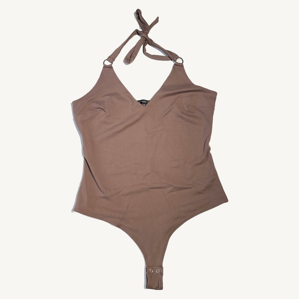Dynamite Taupe Halter Top Bodysuit Silver Ring Detail Size Small